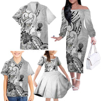 Aotearoa Maori Wahine Family Matching Off The Shoulder Long Sleeve Dress and Hawaiian Shirt Fantail Bird Black Gold Marble LT05 - Polynesian Pride