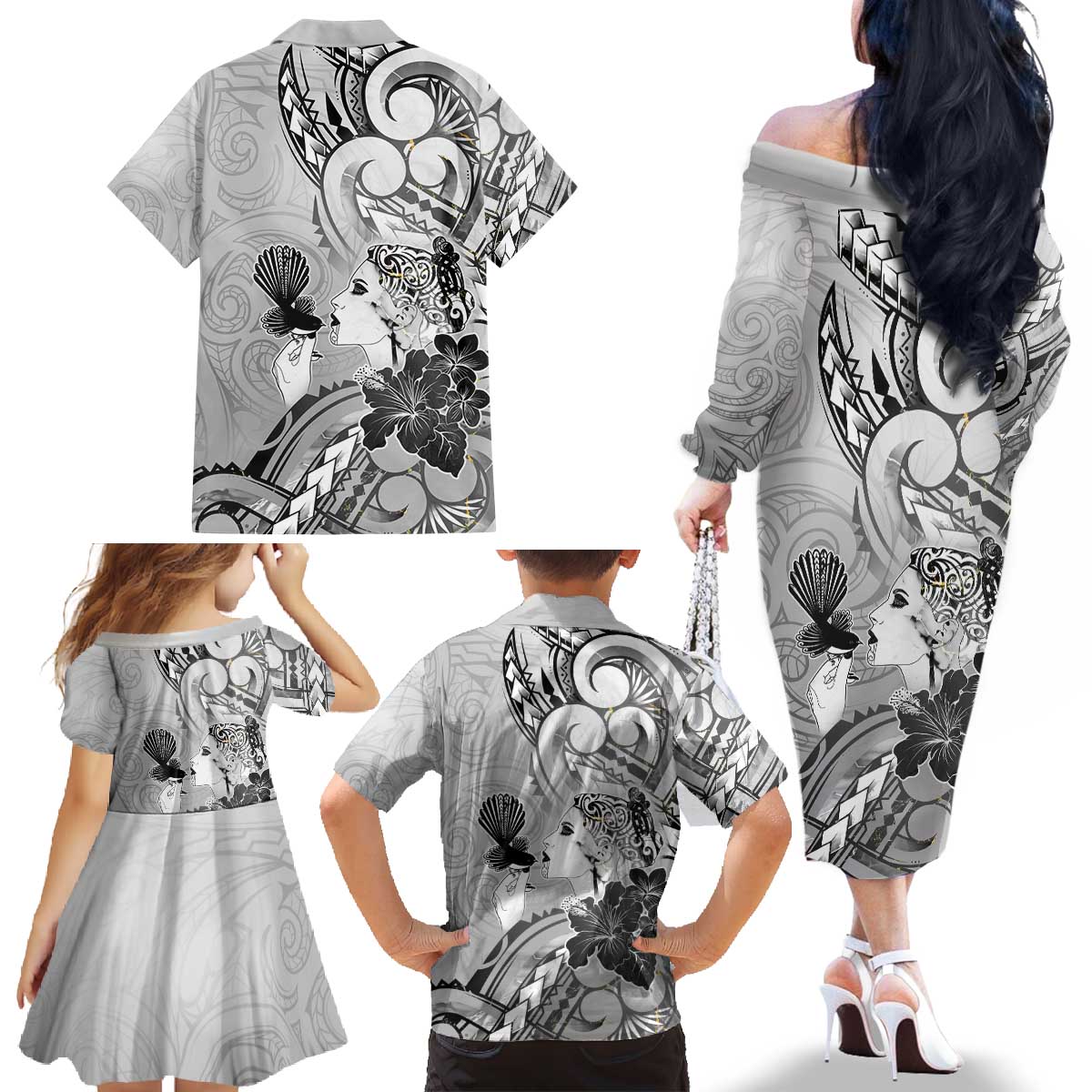 Aotearoa Maori Wahine Family Matching Off The Shoulder Long Sleeve Dress and Hawaiian Shirt Fantail Bird Black Gold Marble LT05 - Polynesian Pride