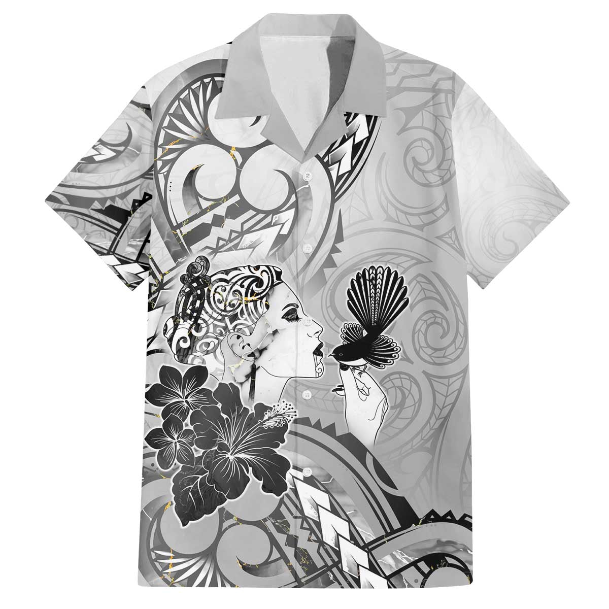 Aotearoa Maori Wahine Family Matching Off The Shoulder Long Sleeve Dress and Hawaiian Shirt Fantail Bird Black Gold Marble LT05 Dad's Shirt - Short Sleeve Black - Polynesian Pride