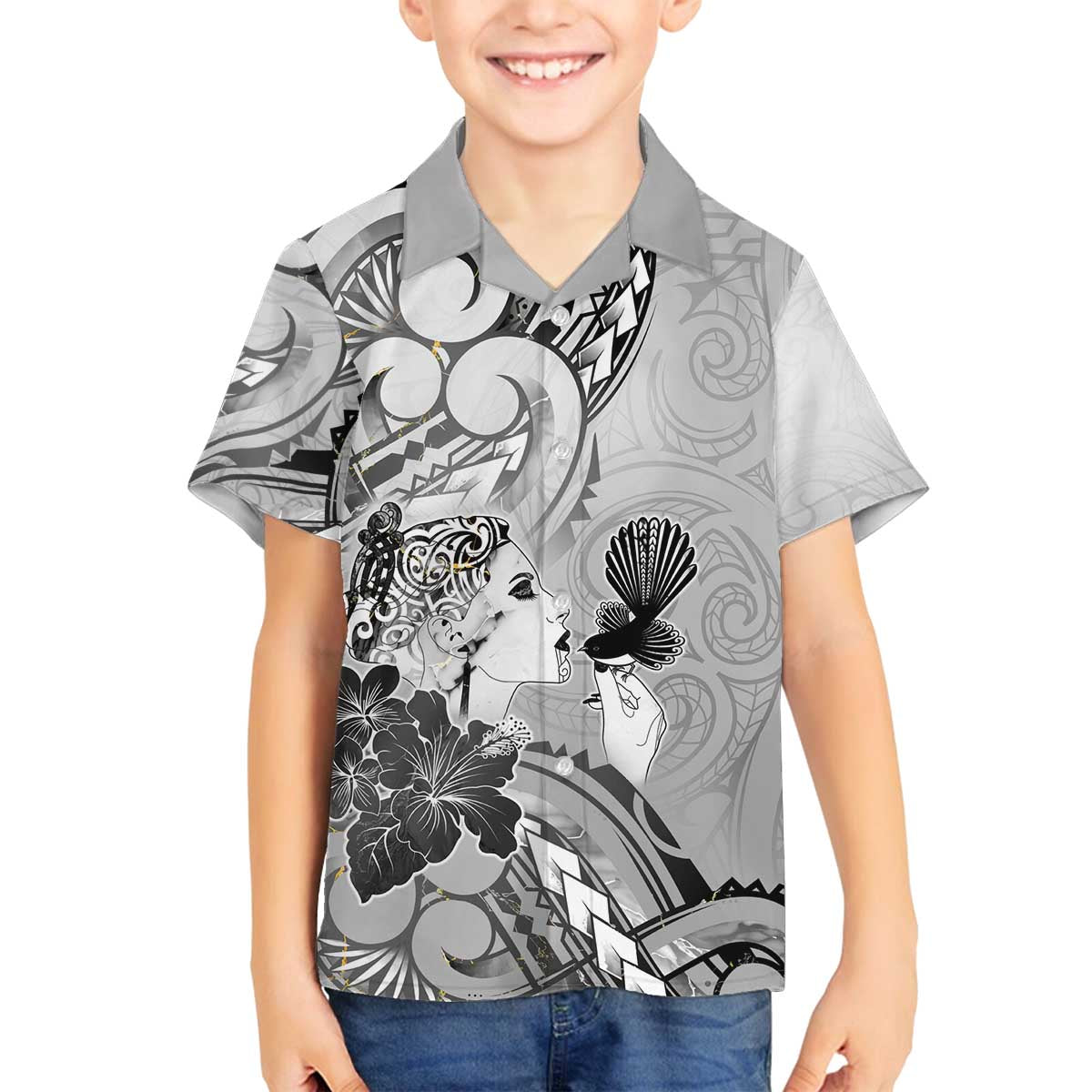 Aotearoa Maori Wahine Family Matching Off The Shoulder Long Sleeve Dress and Hawaiian Shirt Fantail Bird Black Gold Marble LT05 Son's Shirt Black - Polynesian Pride