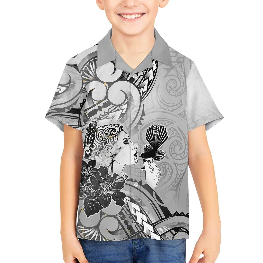 Aotearoa Maori Wahine Family Matching Off Shoulder Short Dress and Hawaiian Shirt Fantail Bird Black Gold Marble