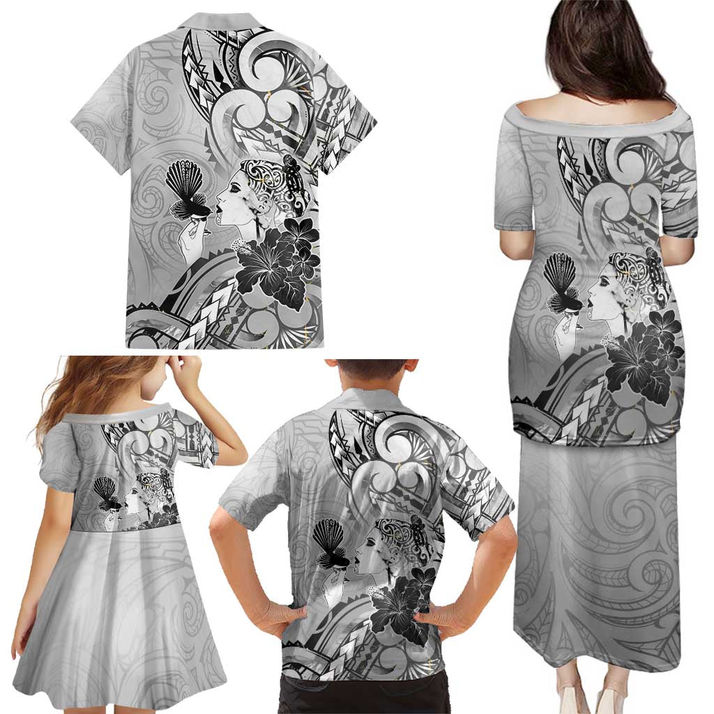 Aotearoa Maori Wahine Family Matching Puletasi and Hawaiian Shirt Fantail Bird Black Gold Marble LT05 - Polynesian Pride