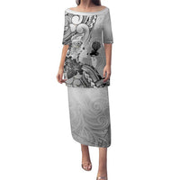 Aotearoa Maori Wahine Family Matching Puletasi and Hawaiian Shirt Fantail Bird Black Gold Marble LT05 Mom's Dress Black - Polynesian Pride