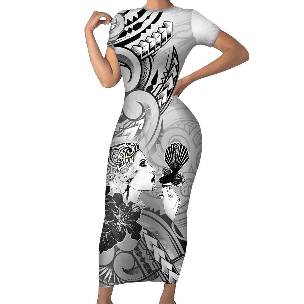 Aotearoa Maori Wahine Family Matching Short Sleeve Bodycon Dress and Hawaiian Shirt Fantail Bird Black Gold Marble LT05 Mom's Dress Black - Polynesian Pride