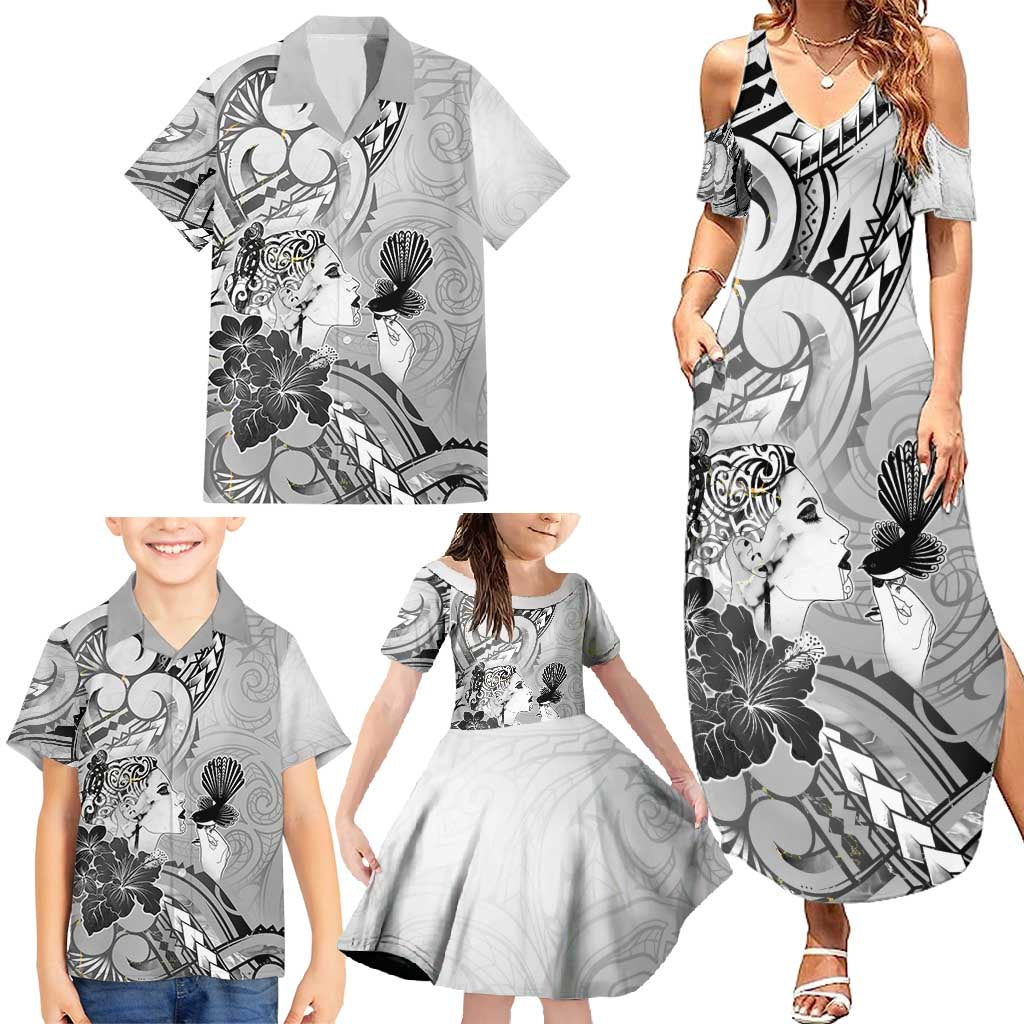 Aotearoa Maori Wahine Family Matching Summer Maxi Dress and Hawaiian Shirt Fantail Bird Black Gold Marble