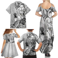 Aotearoa Maori Wahine Family Matching Summer Maxi Dress and Hawaiian Shirt Fantail Bird Black Gold Marble