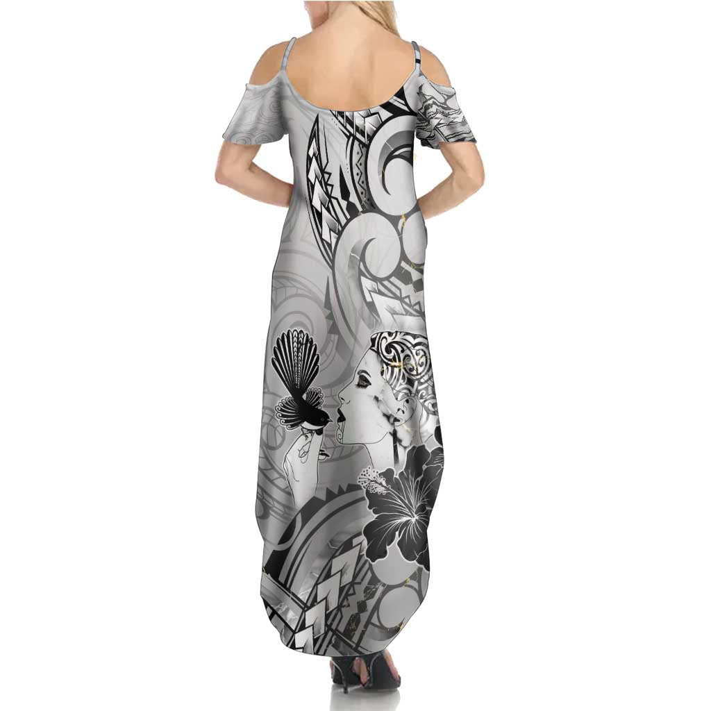 Aotearoa Maori Wahine Family Matching Summer Maxi Dress and Hawaiian Shirt Fantail Bird Black Gold Marble