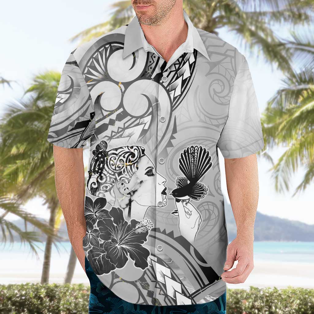 Aotearoa Maori Wahine Hawaiian Shirt Fantail Bird Black Gold Marble