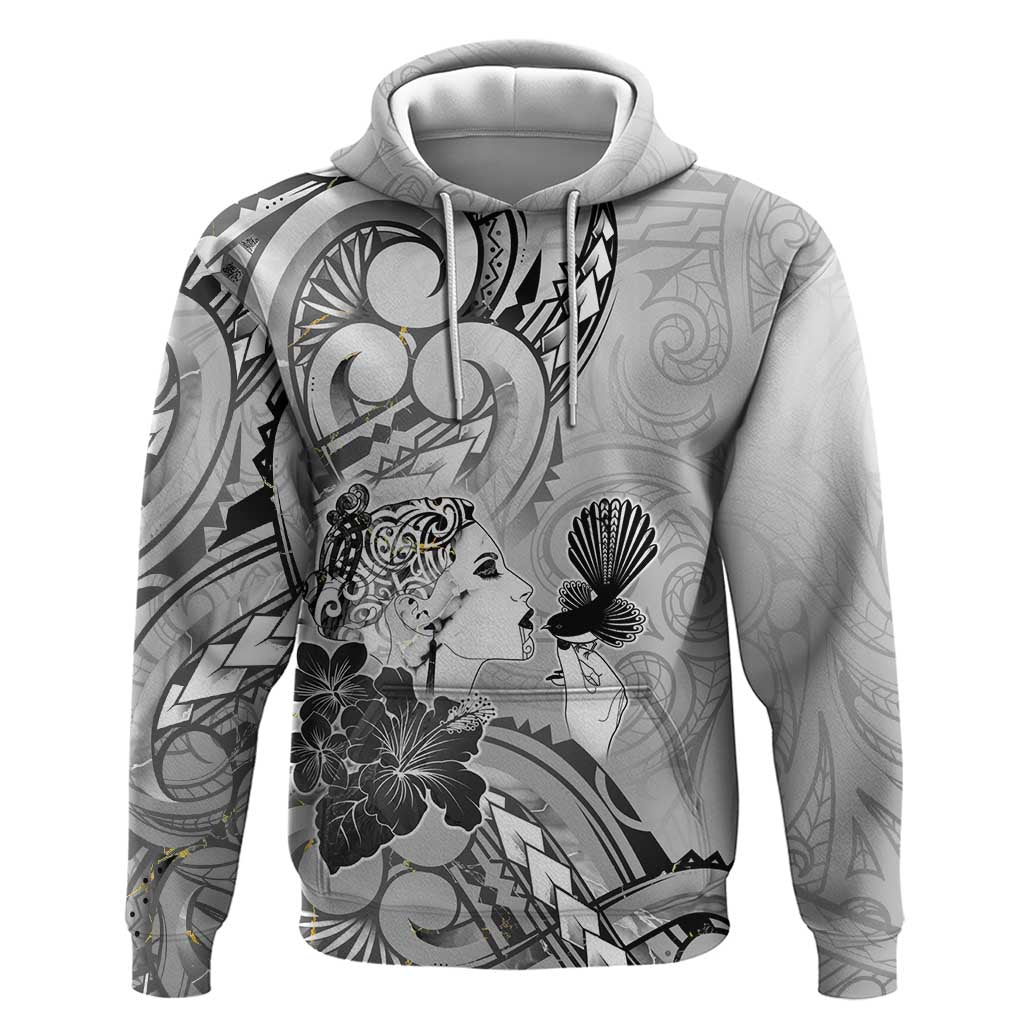 Aotearoa Maori Wahine Hoodie Fantail Bird Black Gold Marble