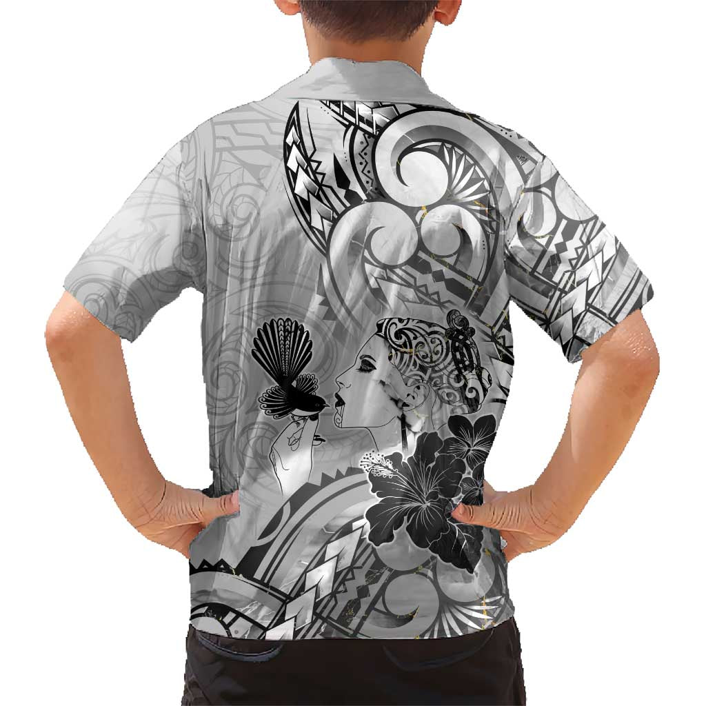 Aotearoa Maori Wahine Kid Hawaiian Shirt Fantail Bird Black Gold Marble