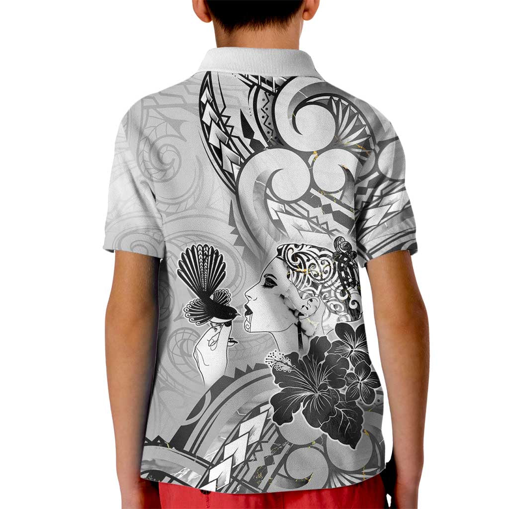 Aotearoa Maori Wahine Kid Polo Shirt Fantail Bird Black Gold Marble