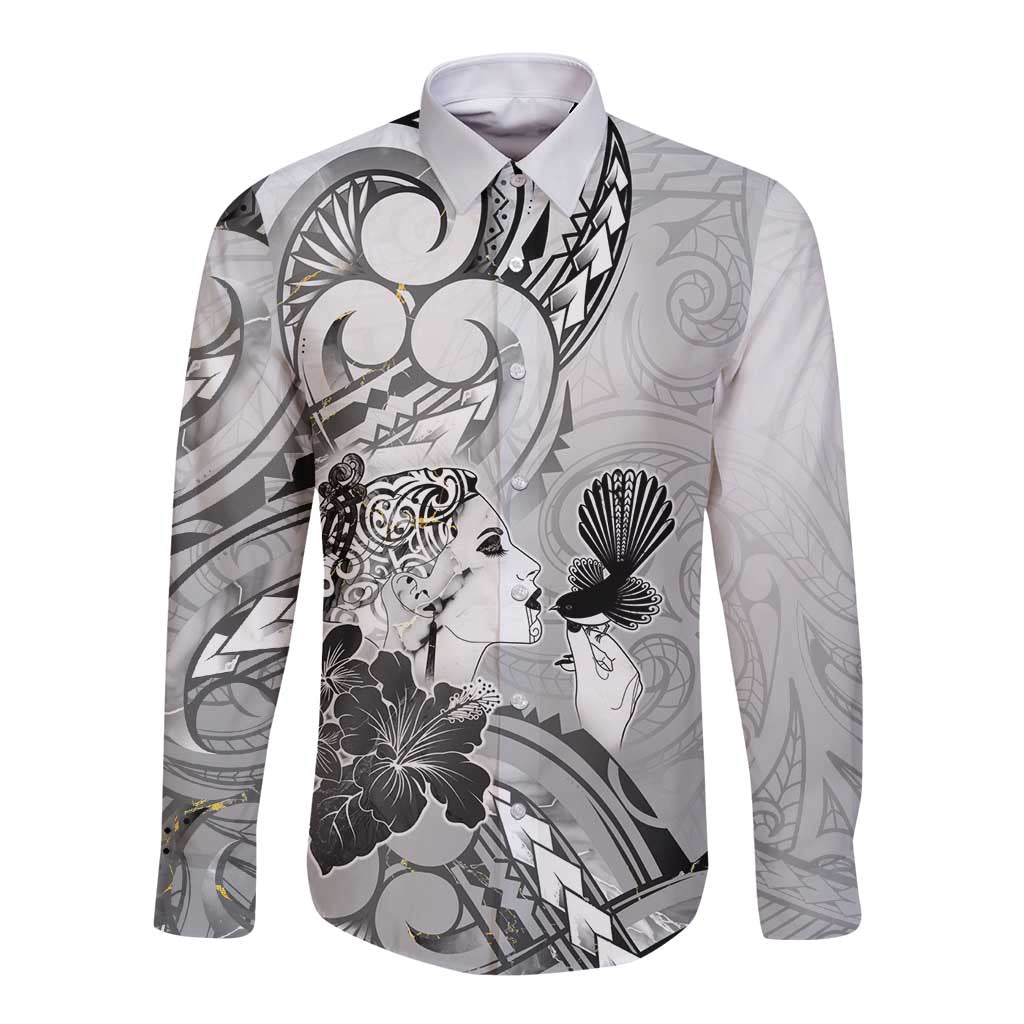 Aotearoa Maori Wahine Long Sleeve Button Shirt Fantail Bird Black Gold Marble