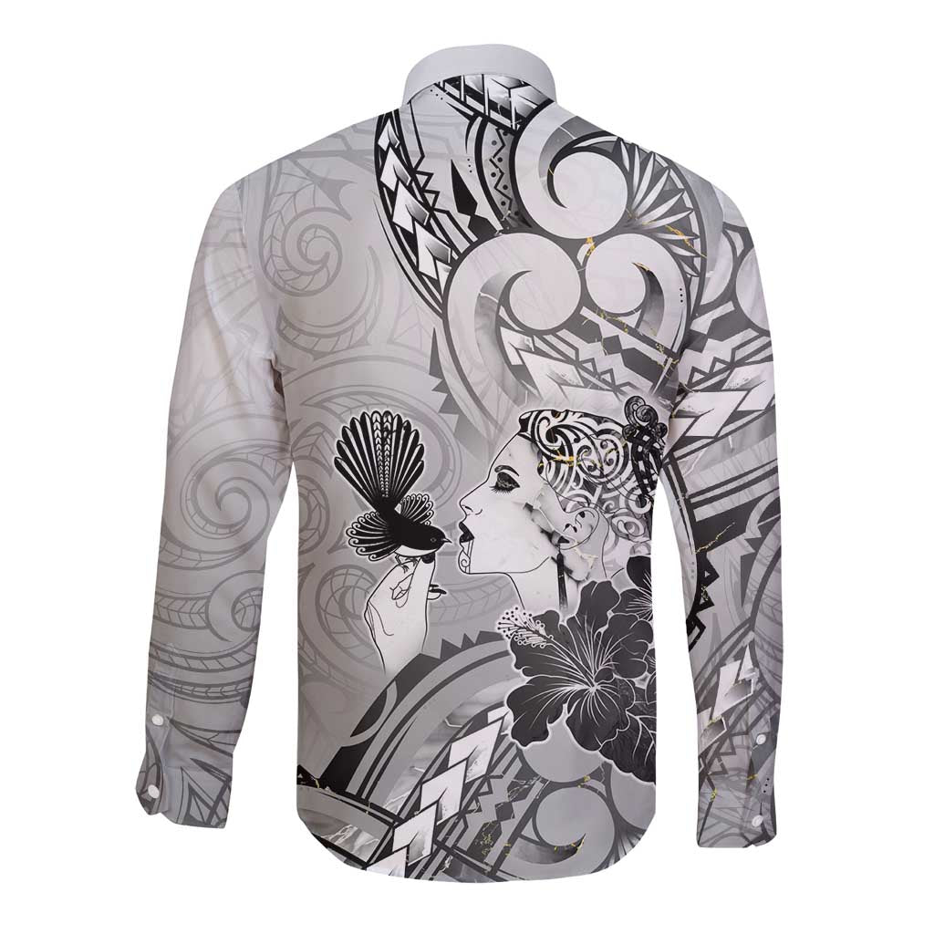 Aotearoa Maori Wahine Long Sleeve Button Shirt Fantail Bird Black Gold Marble