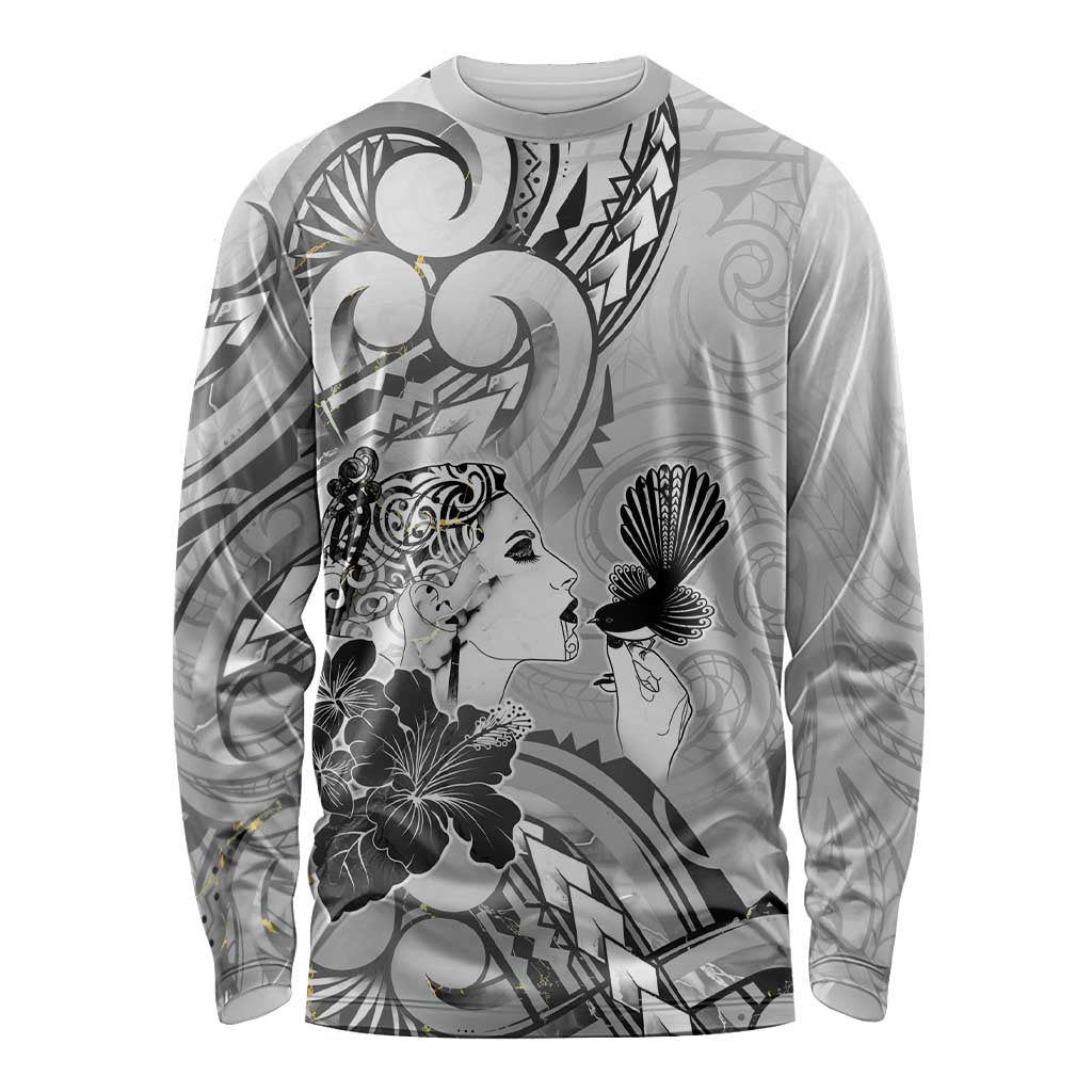 Aotearoa Maori Wahine Long Sleeve Shirt Fantail Bird Black Gold Marble