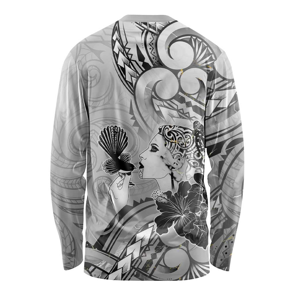 Aotearoa Maori Wahine Long Sleeve Shirt Fantail Bird Black Gold Marble