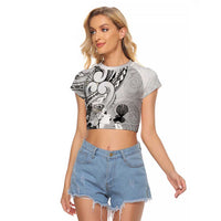 Aotearoa Maori Wahine Raglan Cropped T Shirt Fantail Bird Black Gold Marble LT05 Female Black - Polynesian Pride