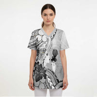 Aotearoa Maori Wahine Scrub Top Fantail Bird Black Gold Marble - Polynesian Pride