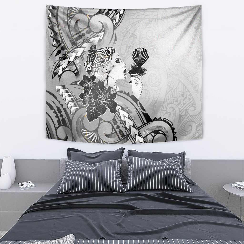 Aotearoa Maori Wahine Tapestry Fantail Bird Black Gold Marble