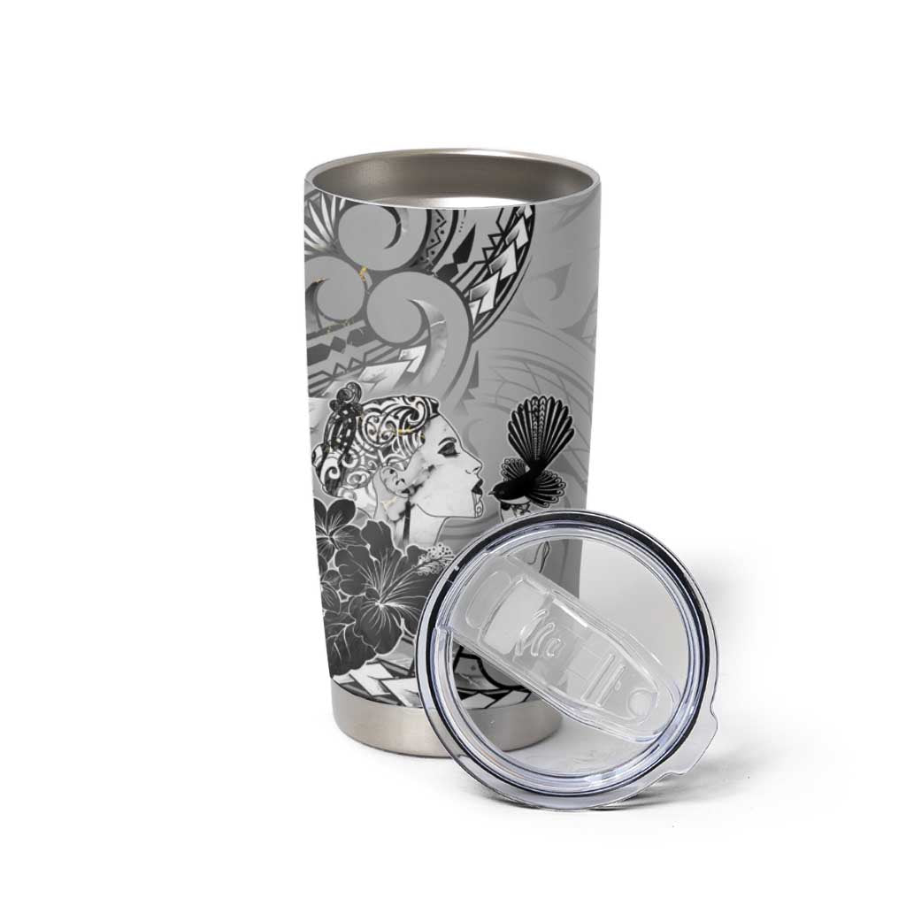 Aotearoa Maori Wahine Tumbler Cup Fantail Bird Black Gold Marble