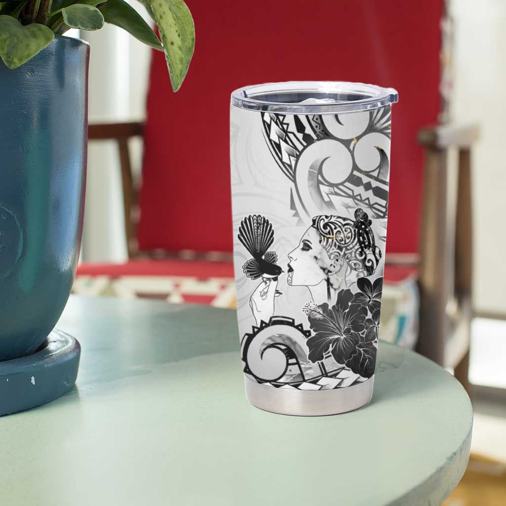 Aotearoa Maori Wahine Tumbler Cup Fantail Bird Black Gold Marble
