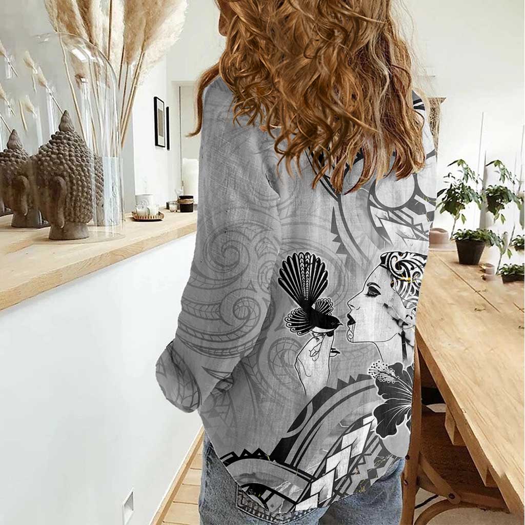 Aotearoa Maori Wahine Women Casual Shirt Fantail Bird Black Gold Marble LT05 - Polynesian Pride