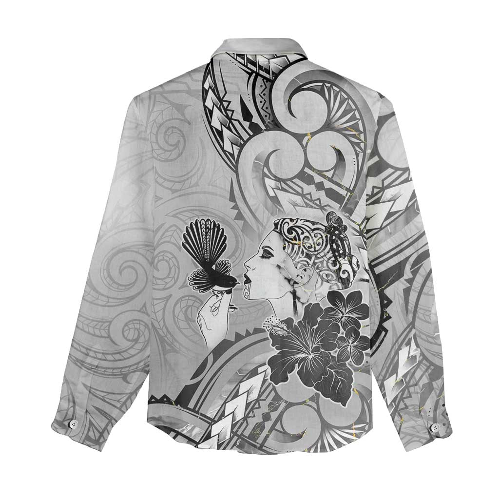 Aotearoa Maori Wahine Women Casual Shirt Fantail Bird Black Gold Marble LT05 - Polynesian Pride