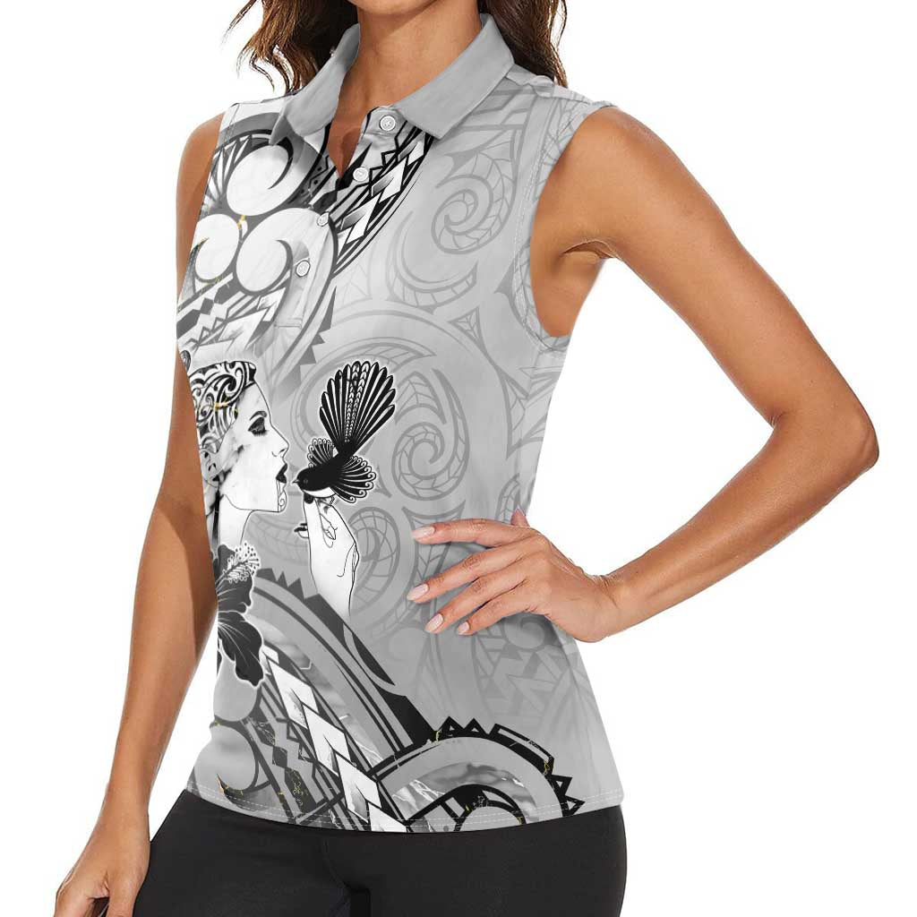 Aotearoa Maori Wahine Women Sleeveless Polo Shirt Fantail Bird Black Gold Marble