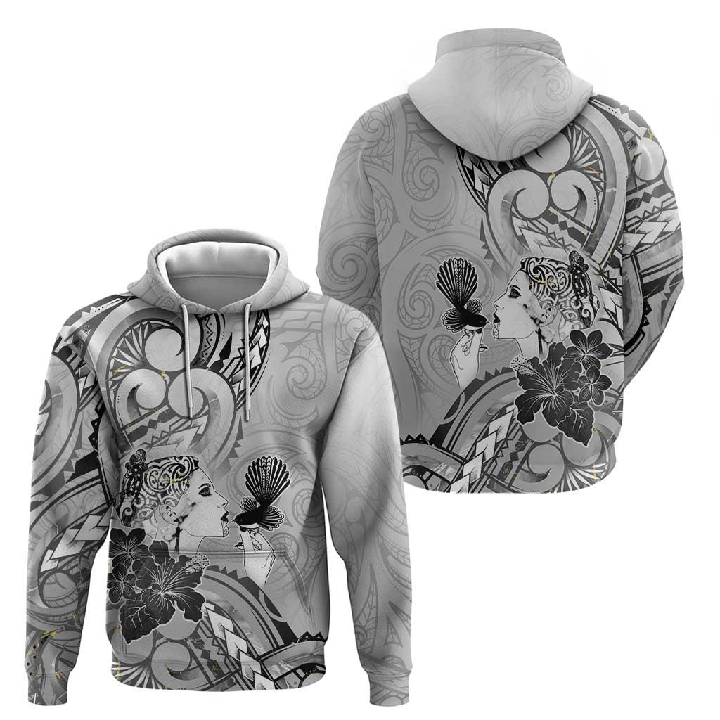Aotearoa Maori Wahine Zip Hoodie Fantail Bird Black Gold Marble