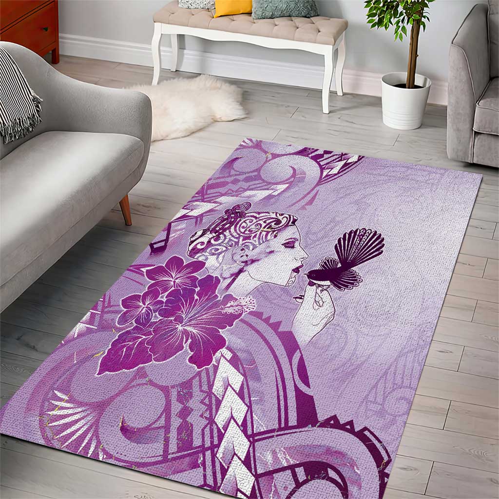 Aotearoa Maori Wahine Area Rug Fantail Bird Purple Gold Marble