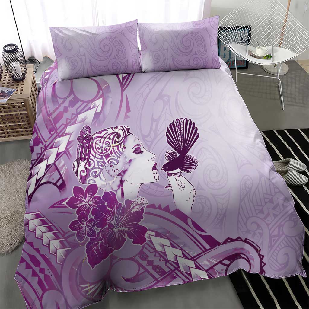 Aotearoa Maori Wahine Bedding Set Fantail Bird Purple Gold Marble