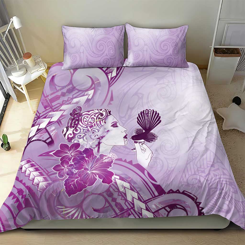 Aotearoa Maori Wahine Bedding Set Fantail Bird Purple Gold Marble