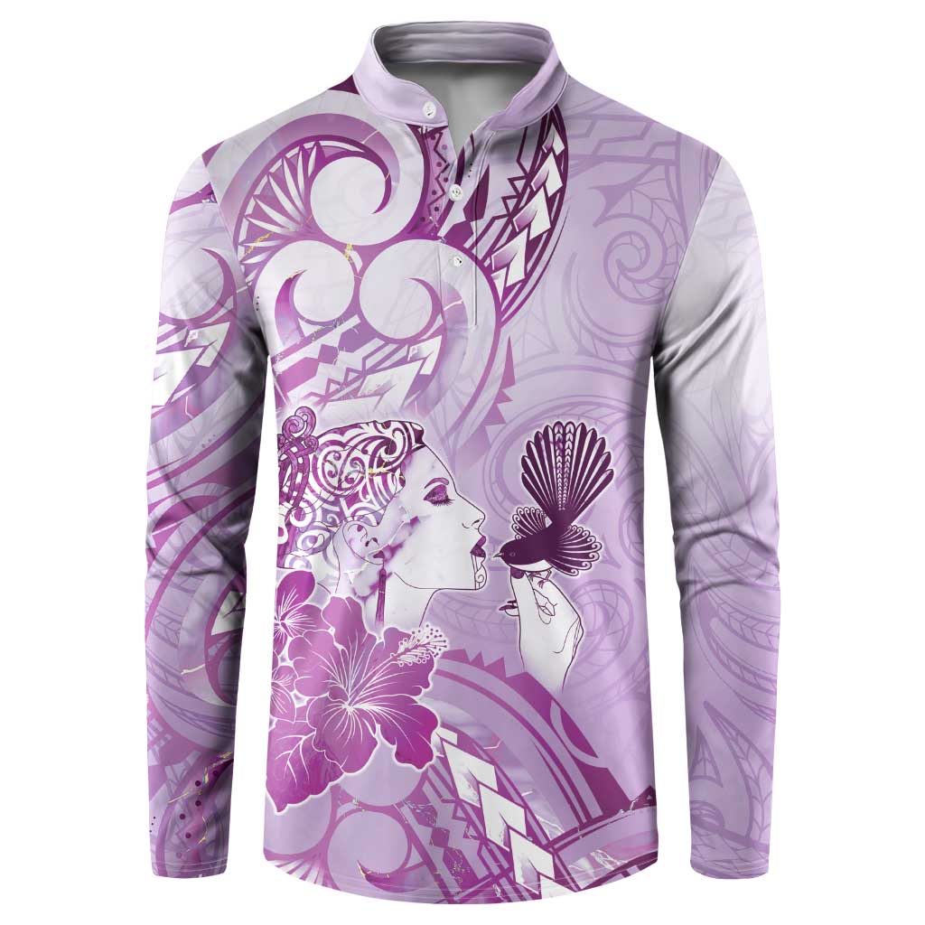 Aotearoa Maori Wahine Button Sweatshirt Fantail Bird Purple Gold Marble