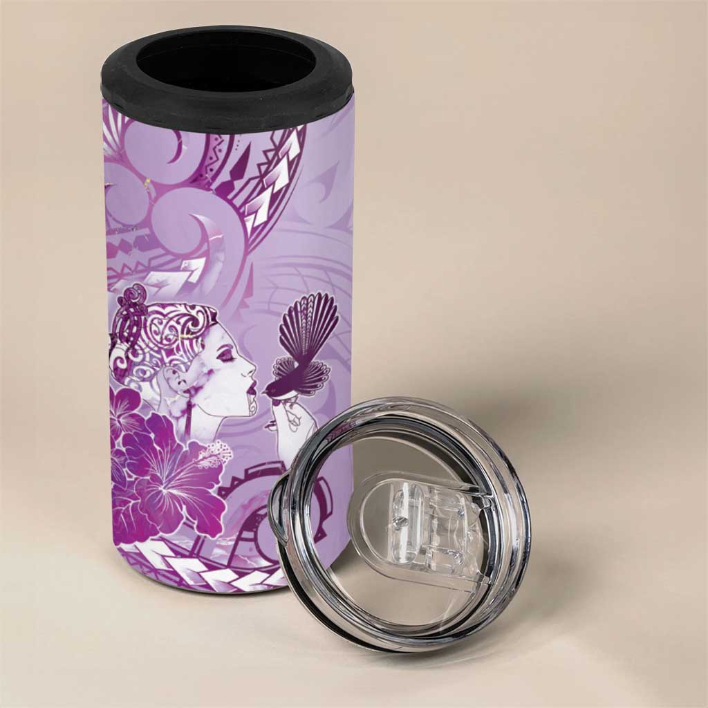 Aotearoa Maori Wahine 4 in 1 Can Cooler Tumbler Fantail Bird Purple Gold Marble