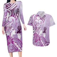 Aotearoa Maori Wahine Couples Matching Long Sleeve Bodycon Dress and Hawaiian Shirt Fantail Bird Purple Gold Marble LT05 Purple - Polynesian Pride