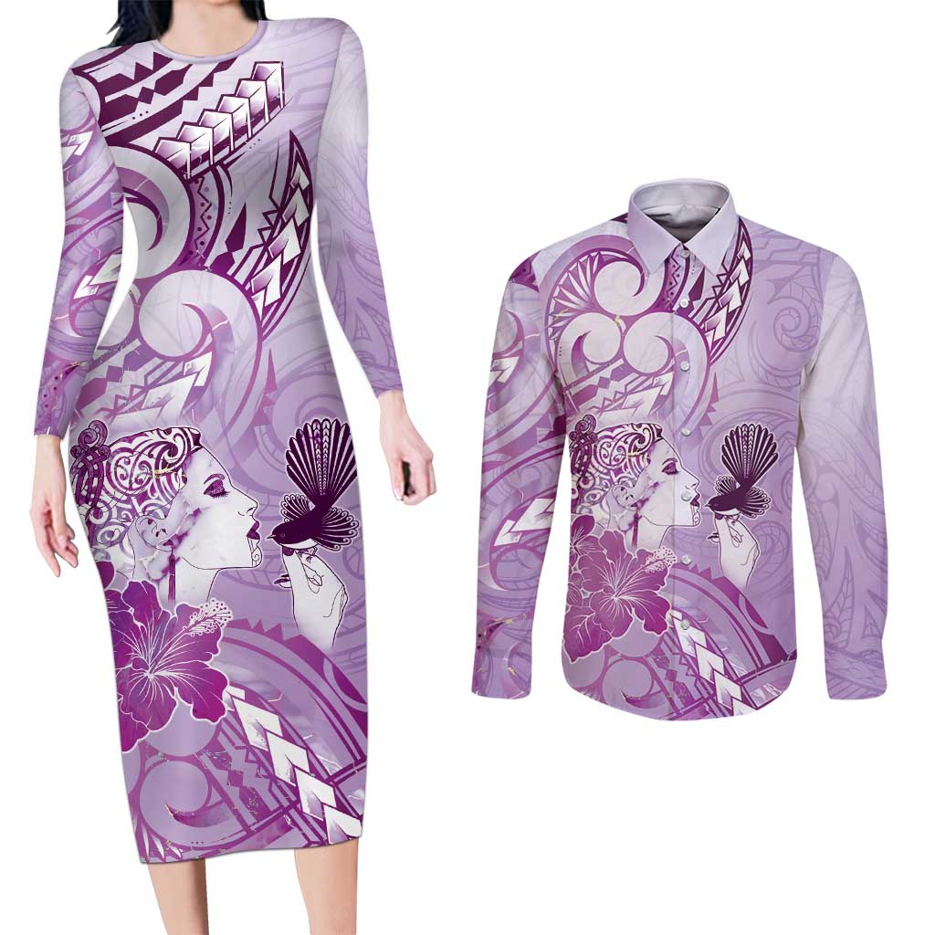 Aotearoa Maori Wahine Couples Matching Long Sleeve Bodycon Dress and Long Sleeve Button Shirt Fantail Bird Purple Gold Marble LT05 Purple - Polynesian Pride