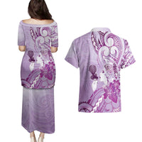 Aotearoa Maori Wahine Couples Matching Puletasi and Hawaiian Shirt Fantail Bird Purple Gold Marble LT05 - Polynesian Pride