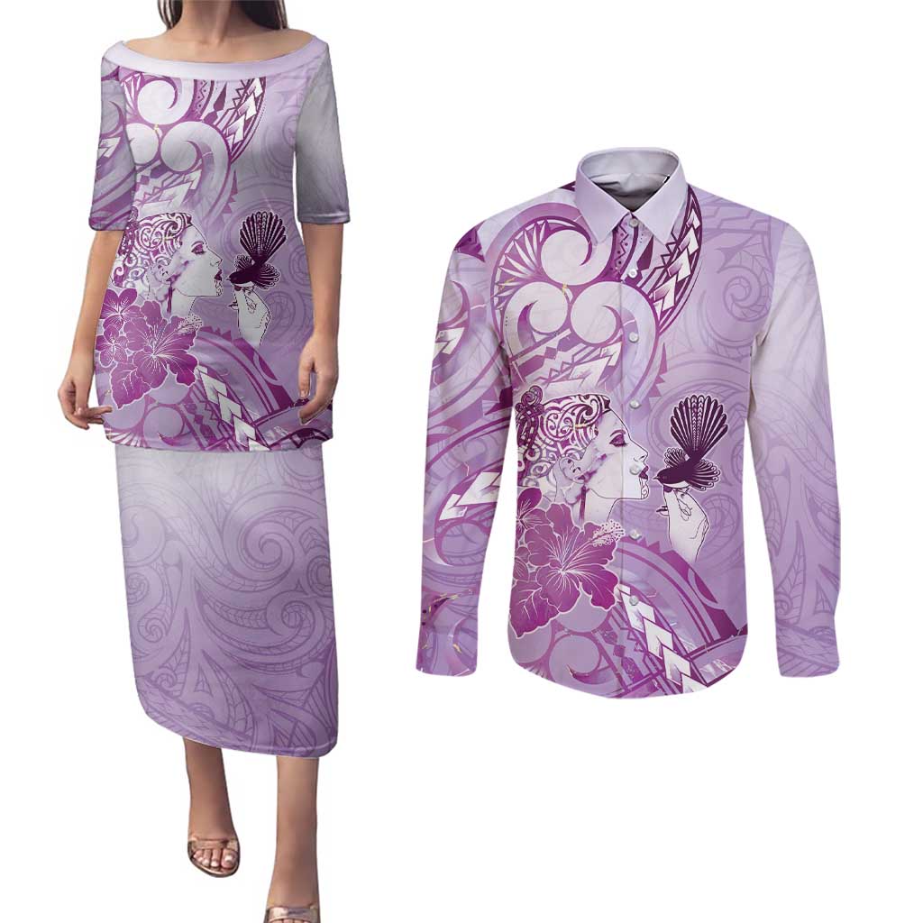 Aotearoa Maori Wahine Couples Matching Puletasi and Long Sleeve Button Shirt Fantail Bird Purple Gold Marble LT05 Purple - Polynesian Pride