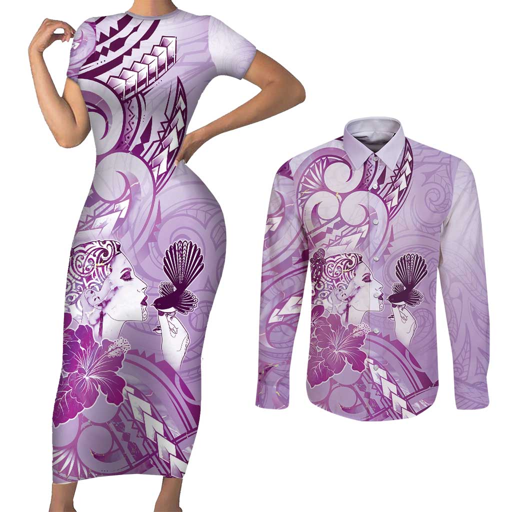 Aotearoa Maori Wahine Couples Matching Short Sleeve Bodycon Dress and Long Sleeve Button Shirt Fantail Bird Purple Gold Marble LT05 Purple - Polynesian Pride