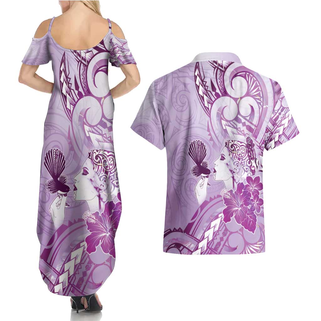 Aotearoa Maori Wahine Couples Matching Summer Maxi Dress and Hawaiian Shirt Fantail Bird Purple Gold Marble LT05 - Polynesian Pride