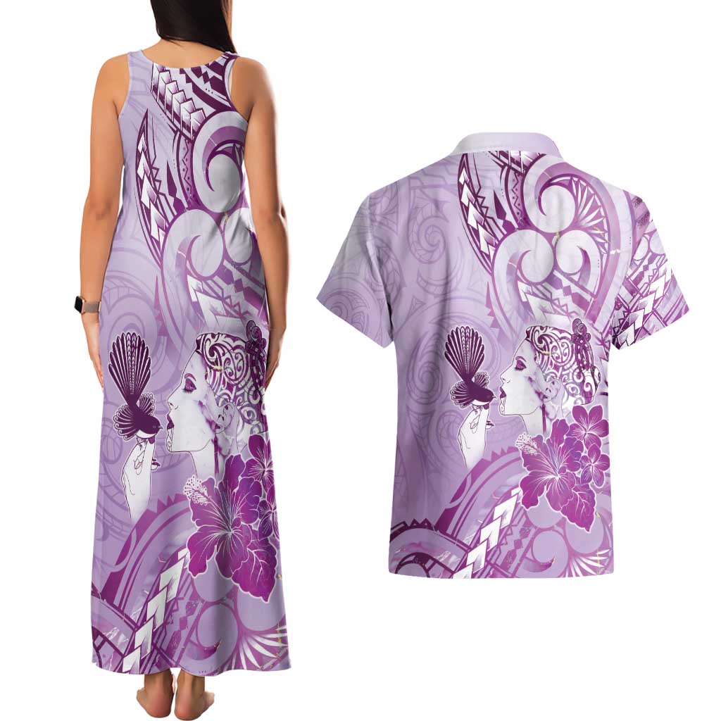Aotearoa Maori Wahine Couples Matching Tank Maxi Dress and Hawaiian Shirt Fantail Bird Purple Gold Marble LT05 - Polynesian Pride