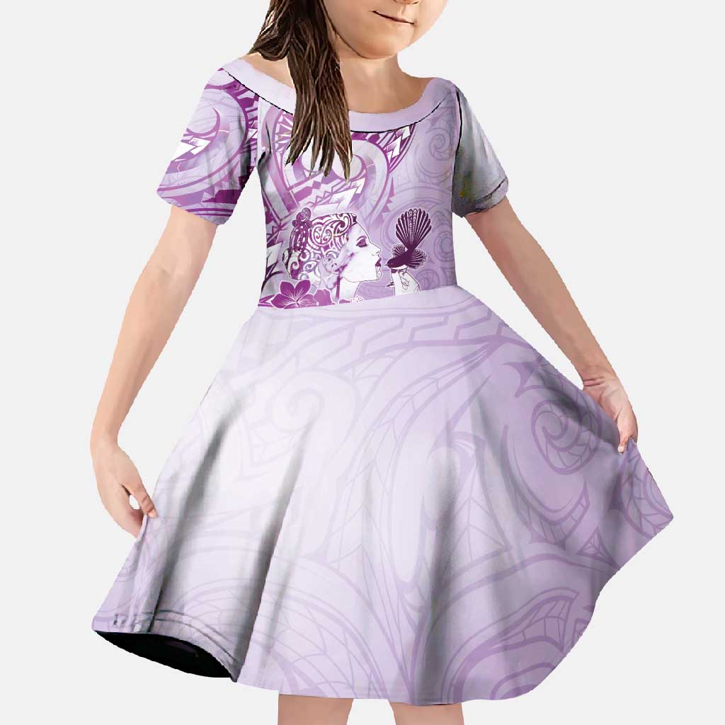 Aotearoa Maori Wahine Family Matching Long Sleeve Bodycon Dress and Hawaiian Shirt Fantail Bird Purple Gold Marble LT05 Daughter's Dress Purple - Polynesian Pride