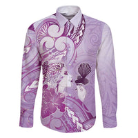 Aotearoa Maori Wahine Family Matching Long Sleeve Bodycon Dress and Hawaiian Shirt Fantail Bird Purple Gold Marble LT05 Dad's Shirt - Long Sleeve Purple - Polynesian Pride