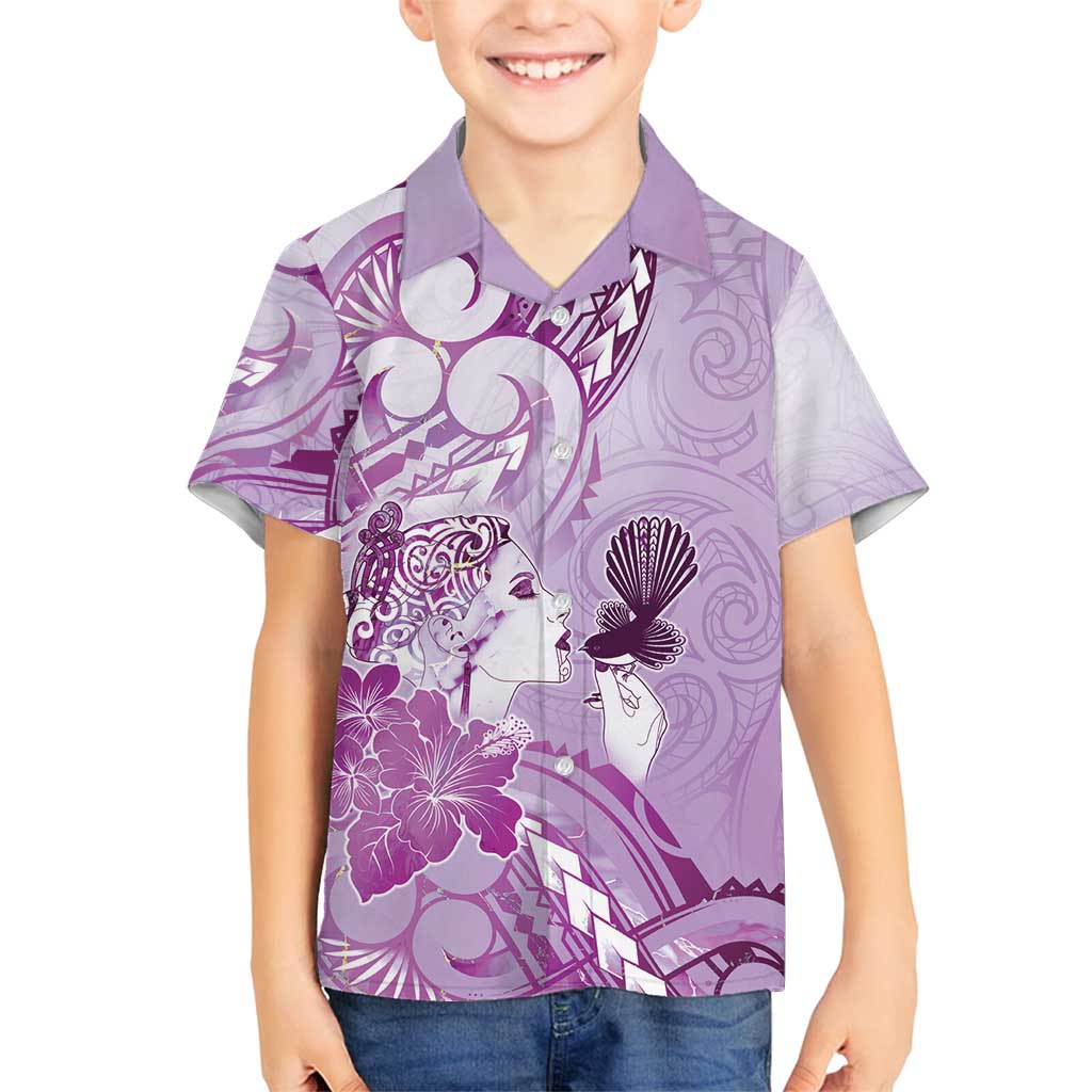 Aotearoa Maori Wahine Family Matching Long Sleeve Bodycon Dress and Hawaiian Shirt Fantail Bird Purple Gold Marble LT05 Son's Shirt Purple - Polynesian Pride