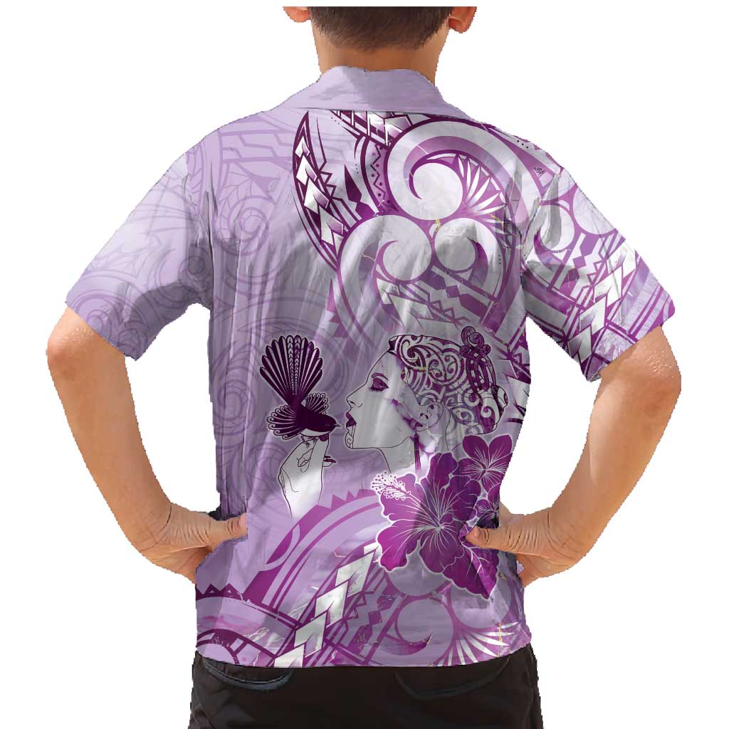 Aotearoa Maori Wahine Family Matching Mermaid Dress and Hawaiian Shirt Fantail Bird Purple Gold Marble LT05 - Polynesian Pride