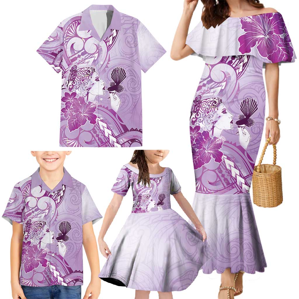 Aotearoa Maori Wahine Family Matching Mermaid Dress and Hawaiian Shirt Fantail Bird Purple Gold Marble LT05 - Polynesian Pride