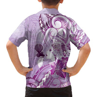 Aotearoa Maori Wahine Family Matching Off The Shoulder Long Sleeve Dress and Hawaiian Shirt Fantail Bird Purple Gold Marble LT05 - Polynesian Pride