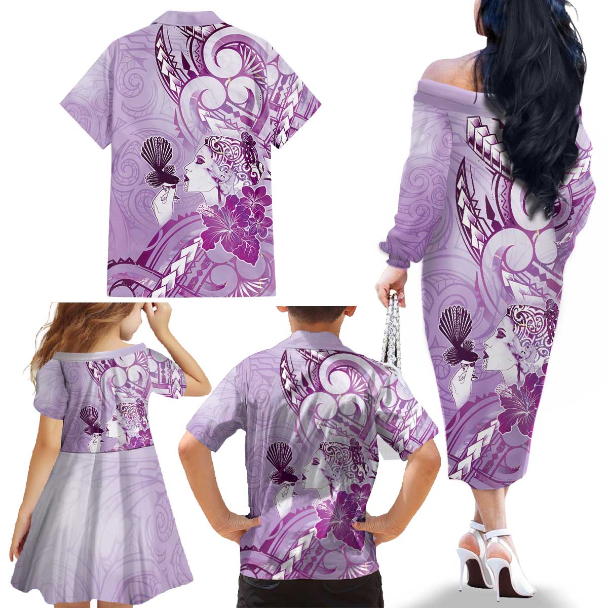 Aotearoa Maori Wahine Family Matching Off The Shoulder Long Sleeve Dress and Hawaiian Shirt Fantail Bird Purple Gold Marble LT05 - Polynesian Pride