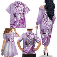 Aotearoa Maori Wahine Family Matching Off The Shoulder Long Sleeve Dress and Hawaiian Shirt Fantail Bird Purple Gold Marble LT05 - Polynesian Pride