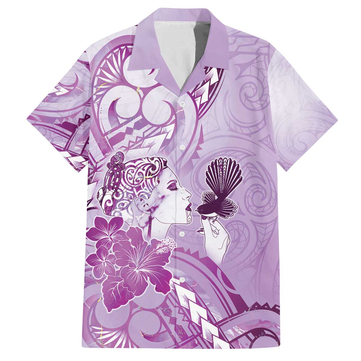 Aotearoa Maori Wahine Family Matching Off The Shoulder Long Sleeve Dress and Hawaiian Shirt Fantail Bird Purple Gold Marble LT05 Dad's Shirt - Short Sleeve Purple - Polynesian Pride