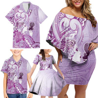 Aotearoa Maori Wahine Family Matching Off Shoulder Short Dress and Hawaiian Shirt Fantail Bird Purple Gold Marble